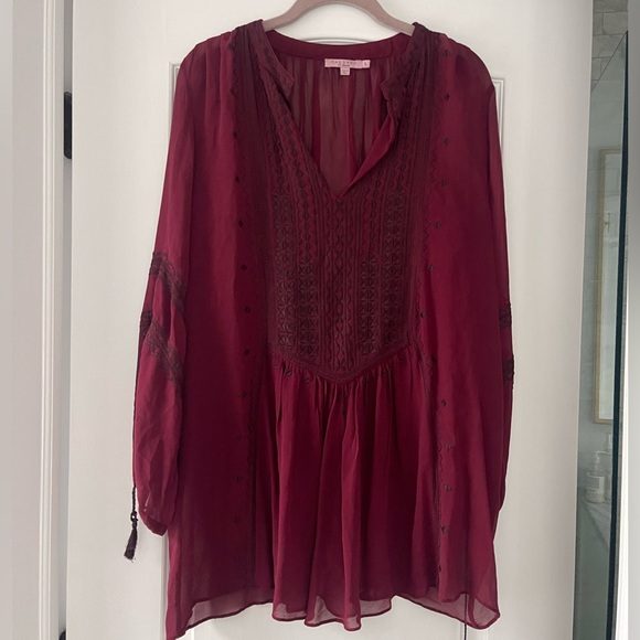 Calypso St. Barth “Zandy” Tunic Top 100% Silk Embroidered Burgundy Size Large - Picture 2 of 7